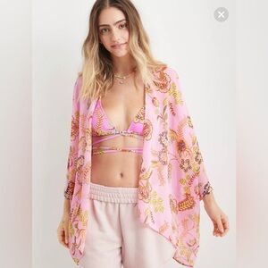 Aerie Kimono Pink Tropics Chiffon Cropped Cape Swim Cover Up Boho Open Front
